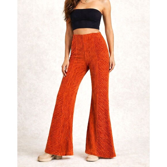 Free People Pants - Free People L Orange Velvet Ribbed Flare Pull On Pants Boho 70s Festival Retro